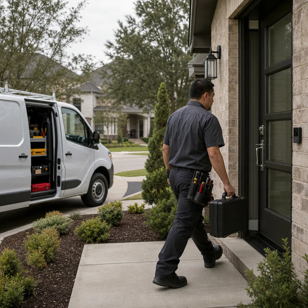 Professional locksmith approaching a residential door with tools