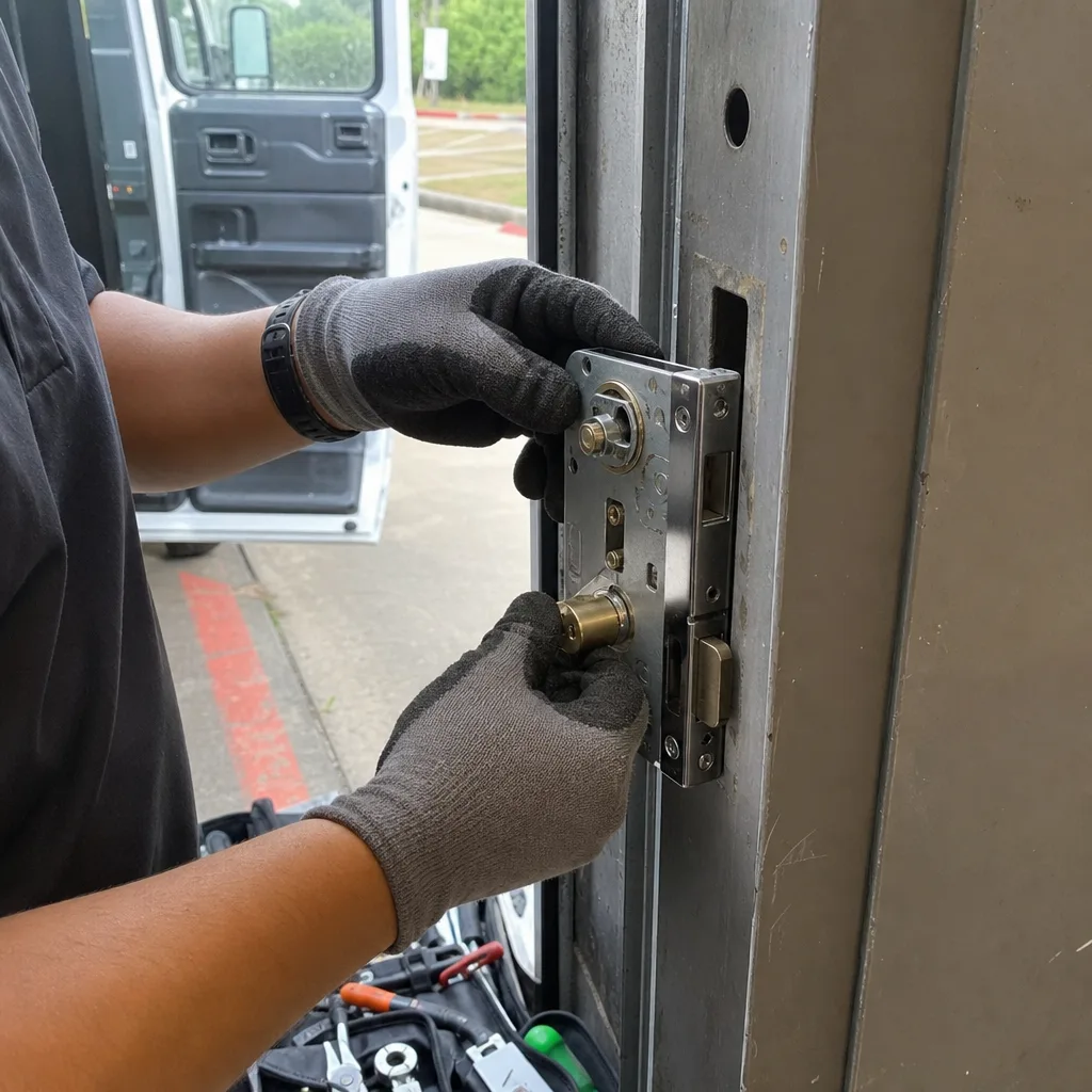 Professional locksmith installing a commercial mortise lock in a steel door.