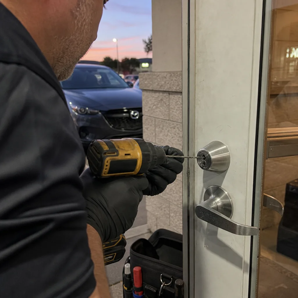 professional locksmith using a power drill to open a locked door