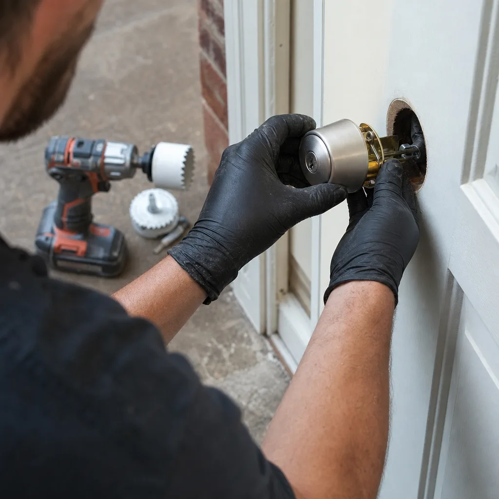 Professional locksmith installing a new deadbolt lock into a door
