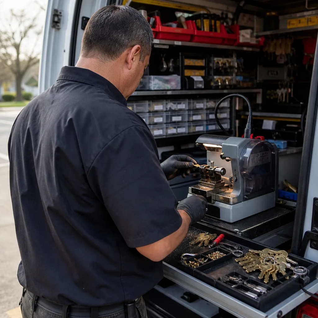 Professional locksmith using a key cutting machine inside a service vehicle